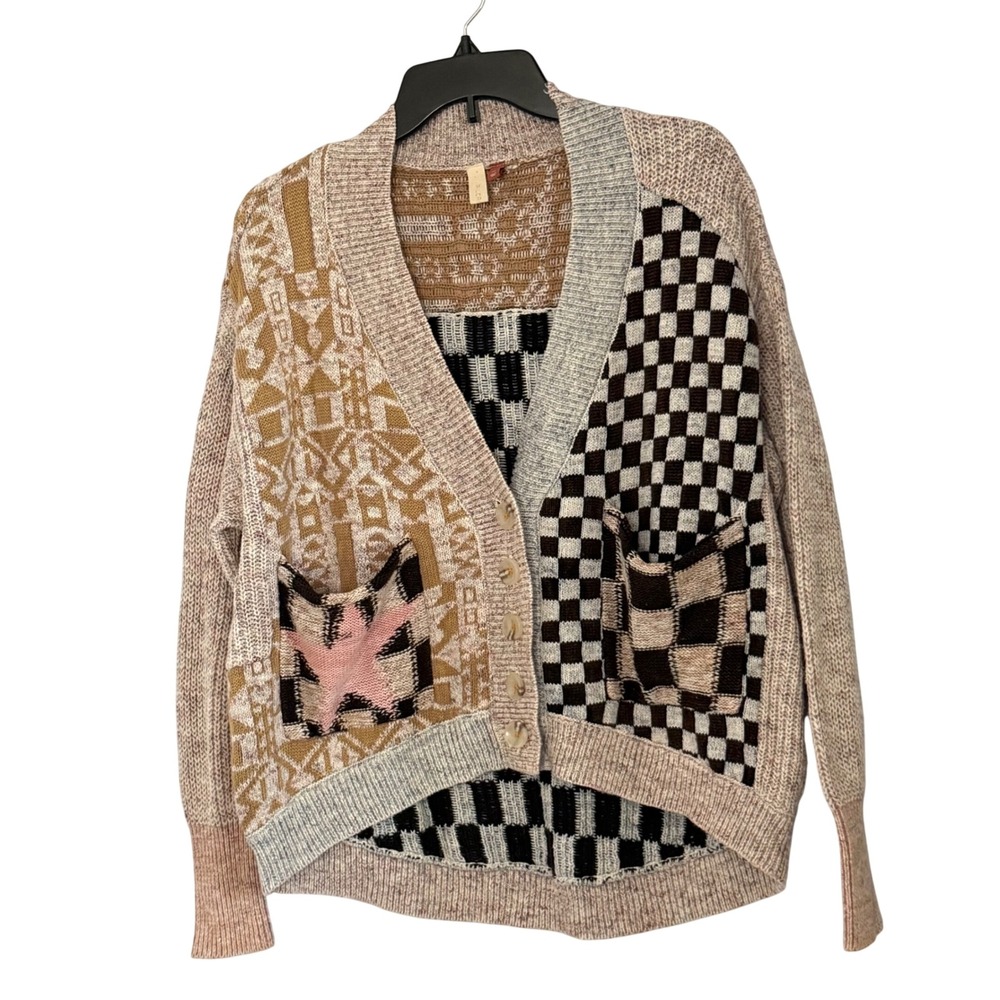 Anthropologie Pilcro Mash Up Knit Cardigan Patchwork Checkerboard Star - XSmall - Picture 2 of 5